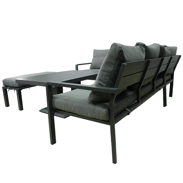 SADA HLINÍKOVÝCH NÁBYTKŮ (ROHOVÁ SOFA + PUFA + STOLÍK) ŠEDÁ + ŠEDÉ POLŠTÁŘE *9422