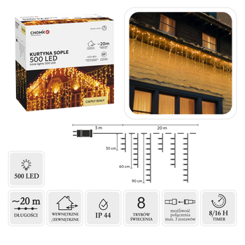 ZÁCLONA LEDOVÝCH KRYSTALŮ 500L TEPLÁ BÍLÁ DĚLKA 3 + 20 M *9867