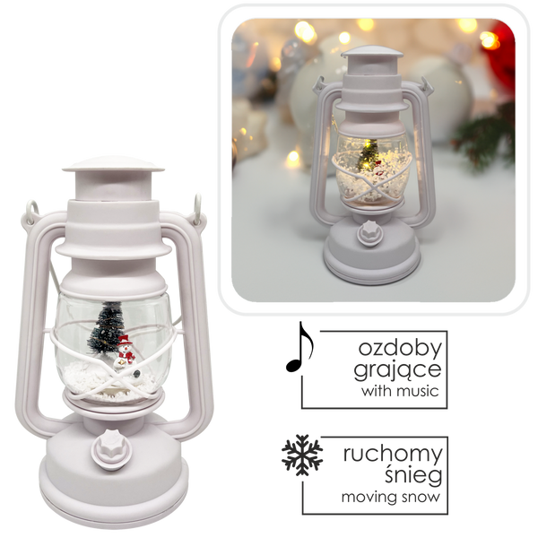 LAMPION SĂRBĂTOR 14,5 x 11,7 x 24,5 / 35,5 CM CU INSERT LED MELODIE - ALB - OM DE ZĂPADĂ CU BRAZI *9355