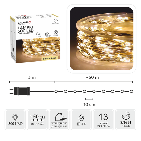LAMPKI LED DRUCIKI NA SZPULI 500L CIEPŁY BIAŁY, DŁ. 3 + 50 M *8523