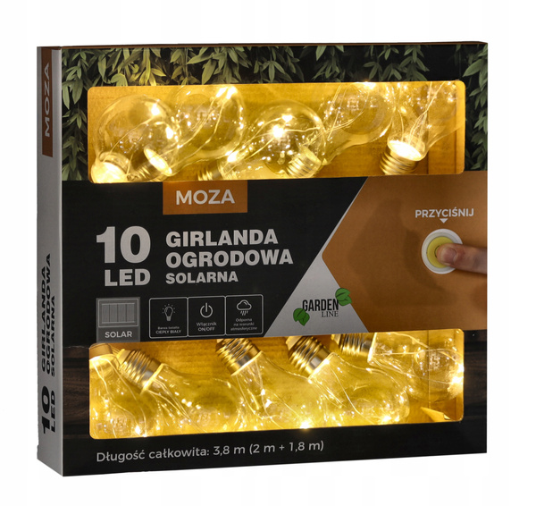 SOLÁRNÍ ZÁHRADNÍ LED ŘETĚZ DÉLKA 2 + 1,8 M MOZA 10 LED TEPLÁ BÍLÁ *3538