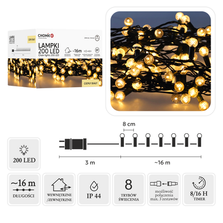 LAMPKI LED CHERRY BALL 200L CIEPŁY BIAŁY, DŁ. 3 + 16 M *9966