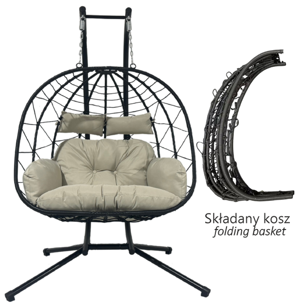 FOTEL WISZĄCY PODWÓJNY SKŁADANY LUVO CZARNY, PODUSZKA - JASNY SZARY, RAMA - CZARNA