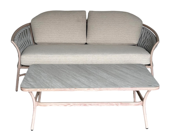 ZESTAW MEBLI ALUMINIOWYCH "VALLETTA" (SOFA + 2 FOTELE + STOLIK) BEŻOWY + SZARE PODUSZKI