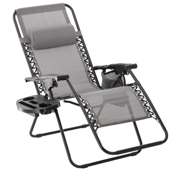 LEŻAK OGRODOWY SKŁADANY Z PODSTAWKĄ, KIESZONKĄ I ZAGŁÓWKIEM SZARY