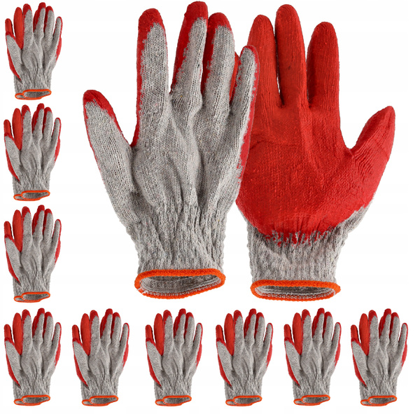 SET OF 10 GARDEN GLOVES RED/BLUE LATEX COATED