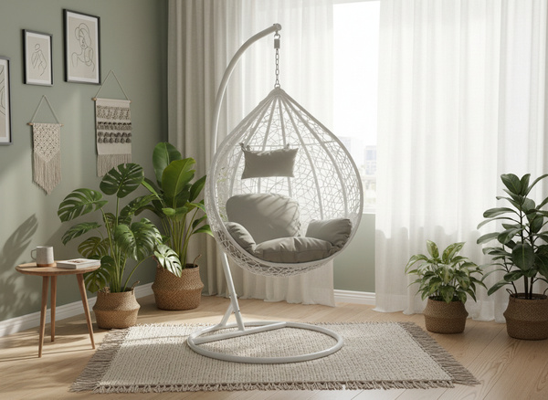 FOTEL WISZĄCY BIAŁY, PODUSZKA - SZARA, RAMA -  BIAŁA 118X107XD68CM