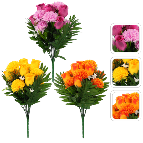 RAMURĂ ARTIFICIALĂ - BUCET CU ROSE ȘI CRIZANTEME 42 x 21 x 21 CM MIXX DE CULORI pachet=15 buc *3116
