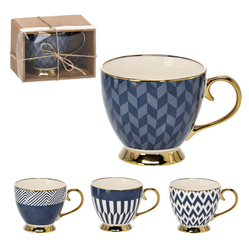 KAMEN PORCELÁNOVÝ 445 ML NA NOŽIČCE MODRO/ZLATÝ MIX VZORŮ balení=1ks *7963