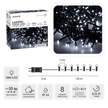 LAMPKI LED CLUSTER 1000L ZIMNY BIAŁY, DŁ. 3 + 10 M WEWN/ZEWN *8219
