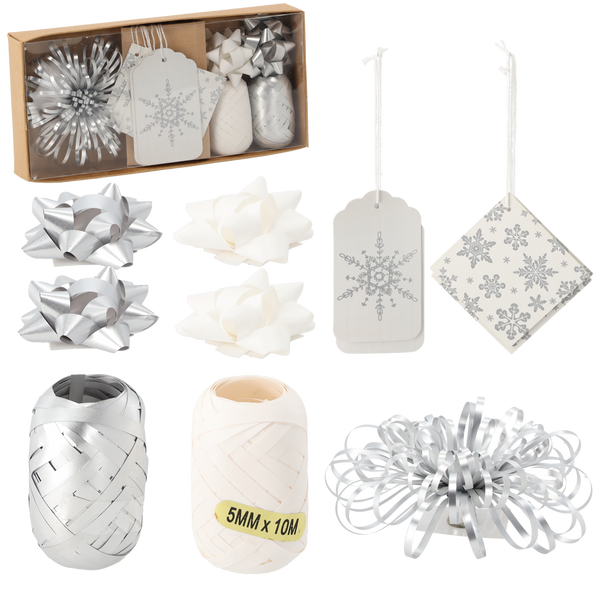 VÁNOČNÝ SET NA BALENIE DARČEKOV - STRIEBORNÝ / BIELY 12 KUSOV. *7571