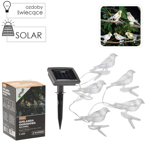 GIRLANDA SOLARNA OGRODOWA DŁ 2 + 1,2 M PTAKI Z KLIPSEM 5 LED CIEPŁY BIAŁY *6063
