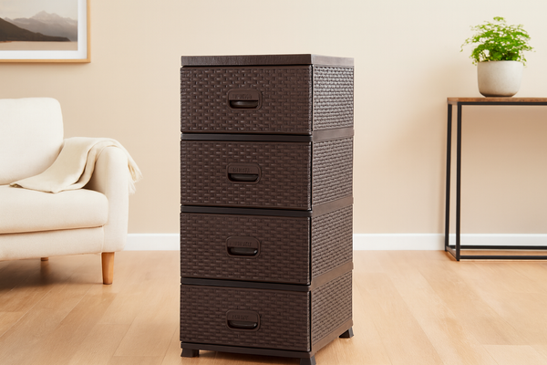 KOMODA PLASTIKOWA Z 4 SZUFLADAMI BRĄZOWA 38 x 45 x 90 cm RATTAN *9436