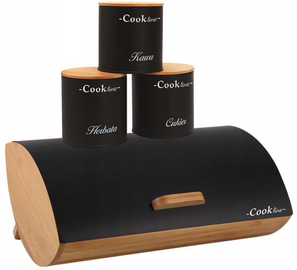 CHLEBAK ORTICA - BAMBUSOWY Z POKRYWĄ METALOWĄ 36,5x25x13 CM CZARNY MAT + 3 POJEMNIKI 11,5x11,5x12 CM *4935