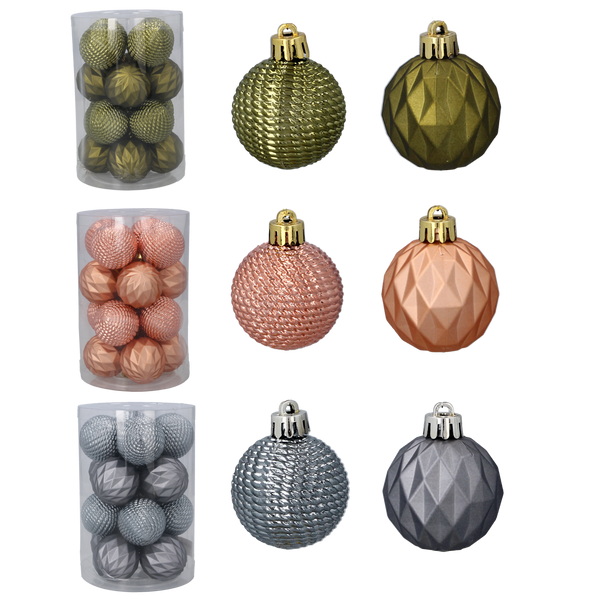 SET OF 16 BAUBLES 4 CM OLIVE/COPPER/GRAPHITE MIX DESIGNS TUBE