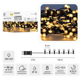LAMPKI LED CHERRY BALL 200L CIEPŁY BIAŁY, DŁ. 3 + 16 M *9966