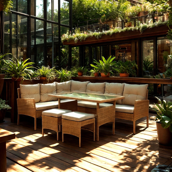 SET DE MOBILĂ DIN RATTAN "BERNO" (CANAPEA PE COLȚ + 2 PUFE + MASĂ) BEJ + PERNE GRI *9576