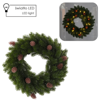 Coroană de Crăciun LED 40 CM 40 L VERDE CU CONURI LUMINOASE PE BATERII *9669