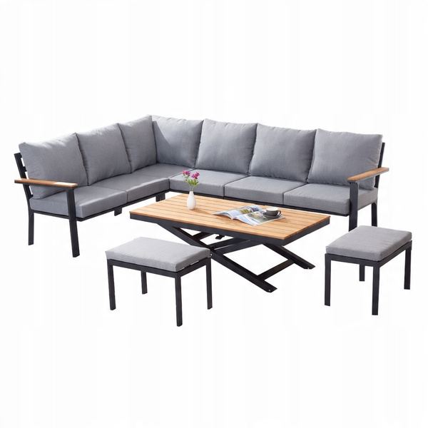 ZESTAW MEBLI OGRODOWYCH ALUMINIOWYCH TEAKOWYCH (SOFA NAROŻNA + STÓŁ + 2 TABORETY) ANTRACYT + SZARE PODUSZKI