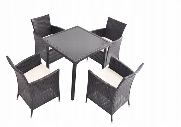 RATTAN FURNITURE SET (TABLE + 4 CHAIRS) BROWN + BEIGE PILLOWS