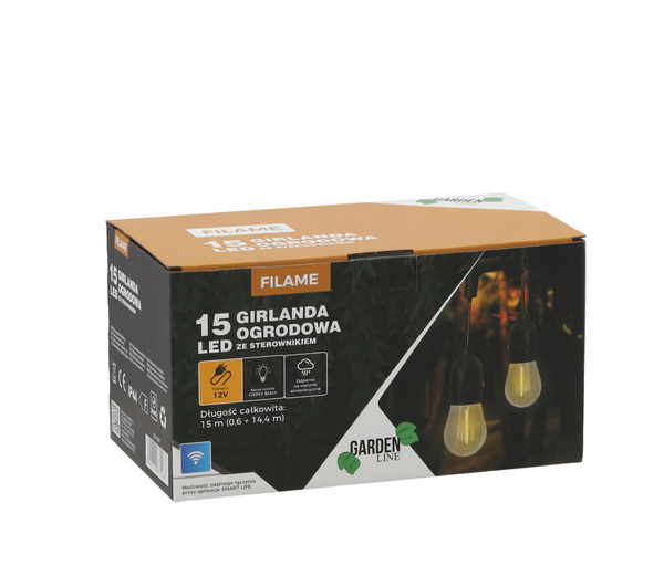 GIRLANDA OGRODOWA ZE STEROWNIKIEM 12 V DŁ. 0,6 + 14,4 M FILAME 15 LED CIEPŁY BIAŁY Z UCHWYTAMI *1267