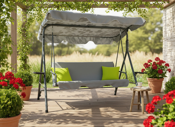 HUŚTAWKA OGRODOWA A-TYPE 170 x 118 x 153 cm SZARA Z LIMONKOWYMI POD. I PODSTAWKAMI NA KUBEK