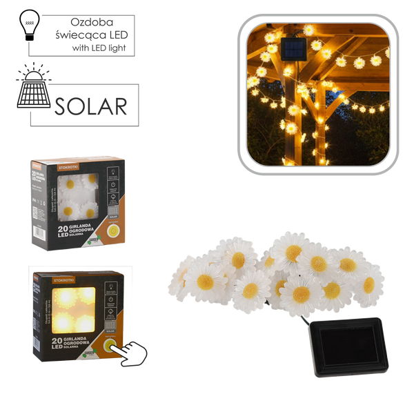 GARDEN SOLAR GARLAND 2 + 3.8 M DAISIES 20 WARM WHITE LEDs *6048