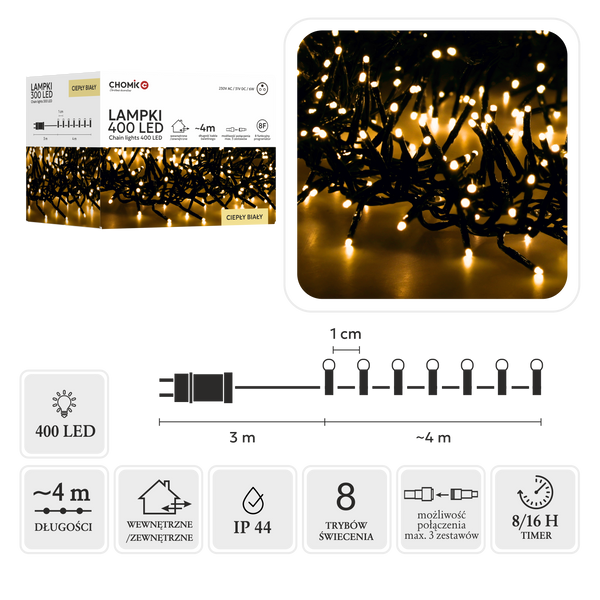 LED CLUSTER 400L TEPLÁ BÍLÁ, DÉLKA 3 + 4 M VNĚJŠÍ/VNITŘNÍ *8141