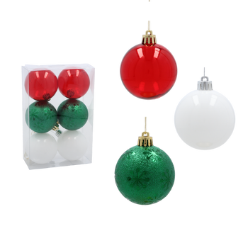 SET OF 6 BAUBLES 6 CM RED/GREEN/WHITE