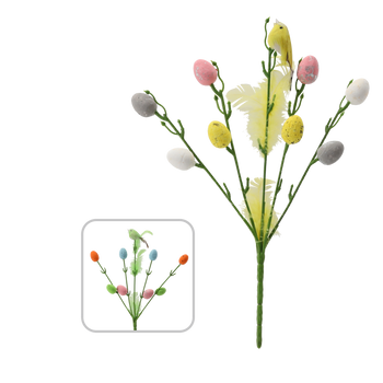 EASTER DECORATION ON A PICK - BRANCH WITH BIRD AND EGGS 30 CM MIX 2 COLORS