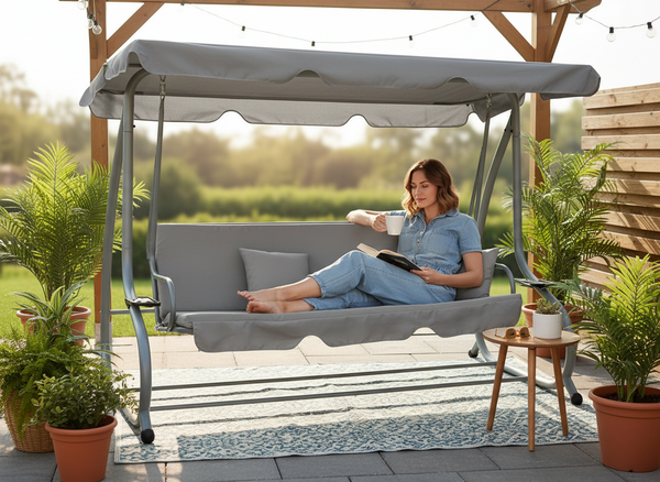 HUŚTAWKA OGRODOWA 210 x 120 x 170 cm SZARA Z FUNKCJĄ LEŻANKI 