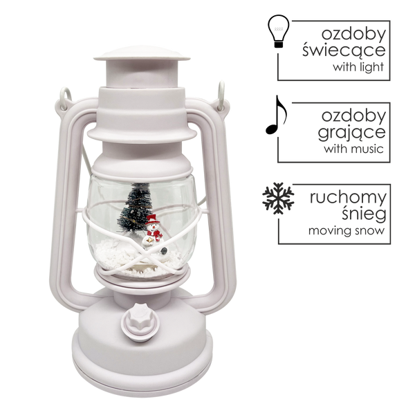 ŚWIĄTECZNY LAMPION 14,5 x 11,7 x 24,5 / 35,5 CM Z WKŁADEM LED POZYTYWKA - BIAŁY - BAŁWAN Z CHOINKĄ  *9355