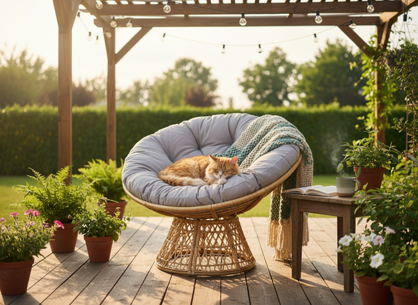 FOTEL OBROTOWY "ROTIVA" (RATTAN - BRĄZOWY, PODUSZKA - BEŻOWA) 