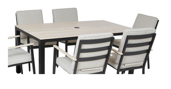 ZESTAW MEBLI OGRODOWYCH ALUMINIOWYCH (STÓŁ + 6 KRZESEŁ) BEŻOWY + BEŻOWE PODUSZKI