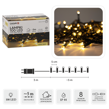 LED ŽIAROVKY 100L TEPLÁ BIELA DĹ. 3 + 5 M VNÚTR/OVON *9416