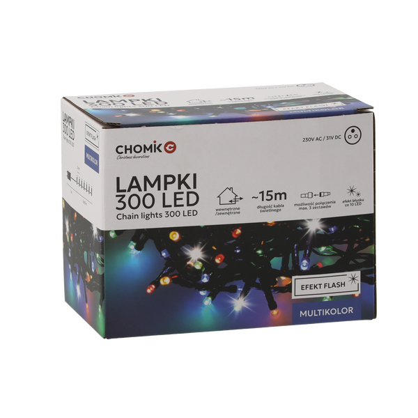 LED SVĚTLA 300L MULTIKOLOR + STUDENÝ FLASH, DĚLKA 3 + 15 M VNITŘ/NAVENEK *9553