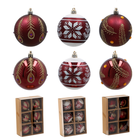SET OF 6 CHRISTMAS BAUBLES DARK RED 8 CM