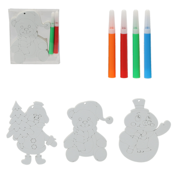 SET OF 3 CHRISTMAS DECORATIONS DIY + 4 MARKERS ASSORTED SNOWMAN/BEAR/SANTA CLAUS