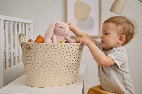 KOSZ NA PRANIE/ZABAWKI 38 x 48 x 34 CM W KROPKI ZŁOTY/SREBRNY *4885