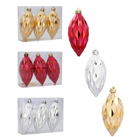 SET OF 3 OBLONG BAUBLES 10 CM RED/GOLD/SILVER