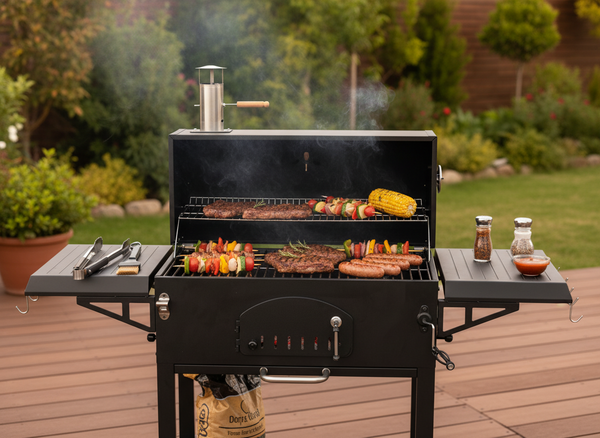 CHARCOAL GARDEN GRILL WITH LID, CAST IRON GRATE AND CASTORS 153 x 65 x 137 CM