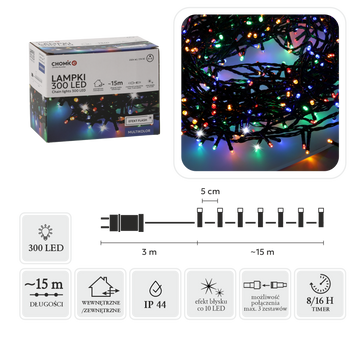 LAMPKI LED 300L MULTIKOLOR + ZIMNY FLASH, DŁ. 3 + 15 M WEWN/ZEWN *9553