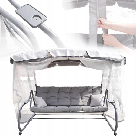 LEAGĂN DE GRĂDINĂ CU RĂBDA ȘI ZERMILE 220 x 130 x 175 CM GRI CU FUNCȚIE DE LEHAȚĂ *0954