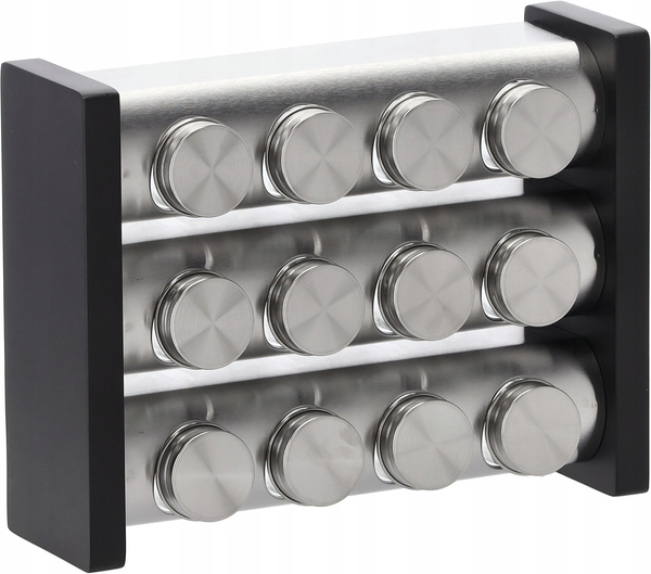 PRZYPRAWNIK TRZYPOZIOMOWY 29,5 x 9 x 22 CM 12 SŁOICZKÓW SREBRNO-CZARNY *9226