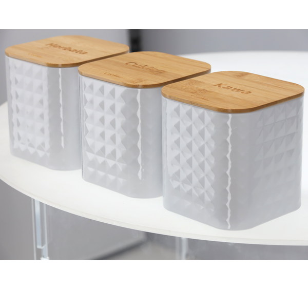 CHLEBAK SABIO - EMALIOWANY Z POKRYWĄ BAMBUSOWĄ 35 x 23 x 18,5 CM BIAŁY + 3 POJEMNIKI 11,5 X 11,5 X 12 CM *8848