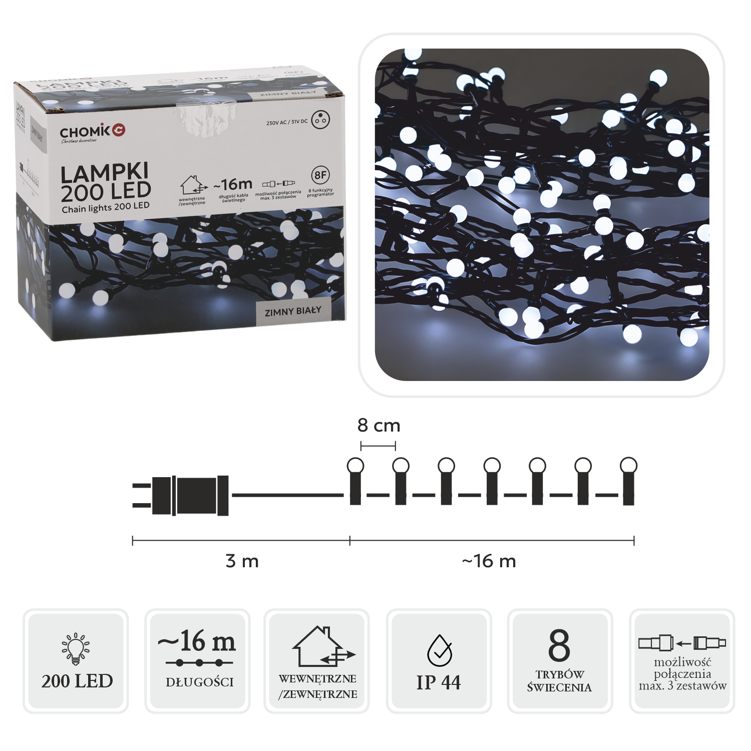 LAMPKI LED KULKI 200L ZIMNY BIAŁY, DŁ. 3 + 16 M *0153