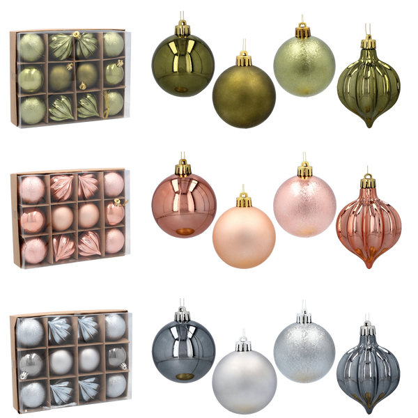 SET OF 12 BAUBLES 6 CM OLIVE/COPPER/GRAPHITE MIX DESIGNS