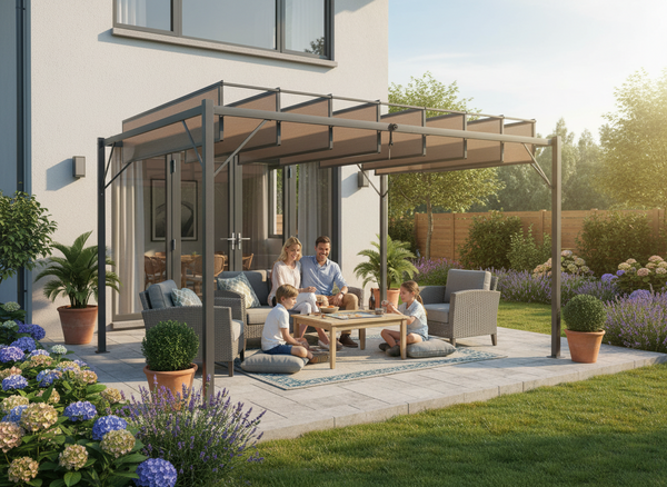 PERGOLA OGRODOWA Z RUCHOMYMI LAMELAMI Z POLIWĘGLANU 3 x 4 M BRĄZOWA