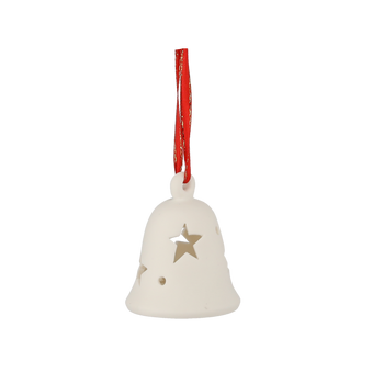 KERAMICKÁ FIGÚRKA - ZVONČEK S PRÍVESKOM BIELA LED 8 CM balenie=12ks *1457