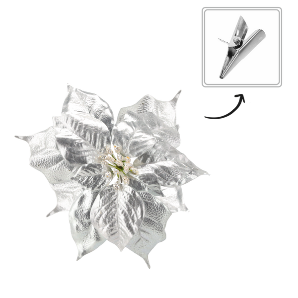 ARTIFICIAL FLOWER - POINSETTIA 25 CM WITH CLIPS SILVER